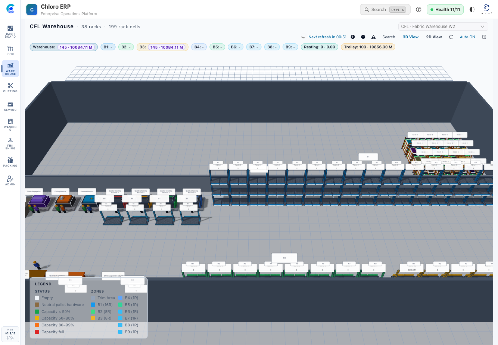 Chloro MES 3D warehouse view with racks, cells, occupancy zones and material totals