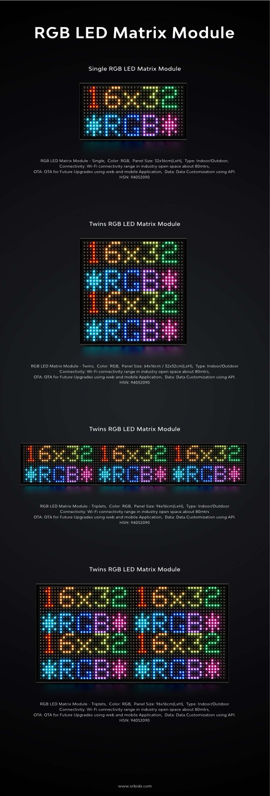 Dinofla single, twin and triplet RGB LED matrix display configurations
