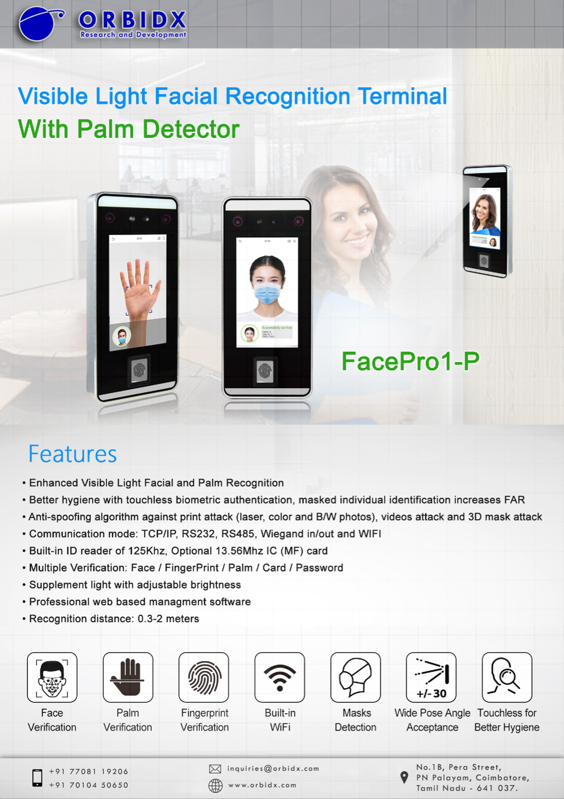 FacePro1-P visible-light face and palm recognition terminal