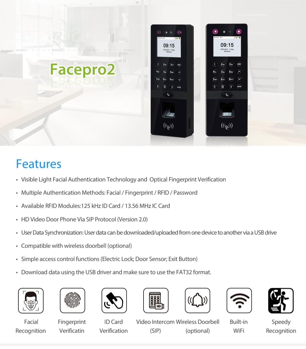 FacePro2 facial, fingerprint and card terminal